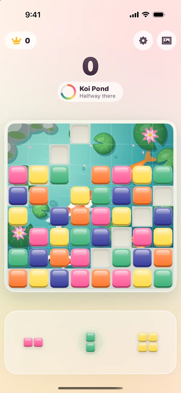 Koi pond painting appearing behind the blocks